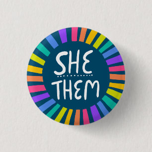 SHE / THEM Pronouns Rainbow Handlettered Pride 3 Cm Round Badge