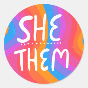 SHE/THEM Pronouns Rainbow Handlettering Sheet of Classic Round Sticker