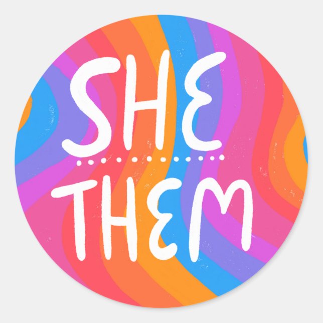 SHE/THEM Pronouns Rainbow Handlettering Sheet of Classic Round Sticker (Front)