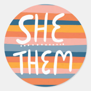 SHE/THEM Pronouns Stripes Handlettering Sheet of Classic Round Sticker