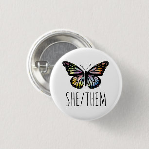 SHE/THEM Pronouns Watercolor Butterfly  3 Cm Round Badge