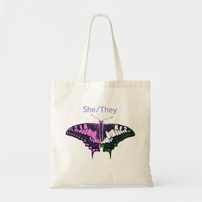 She/They Non-Binary Flag Swallowtail Butterfly Tote Bag (Front)