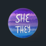 SHE/THEY Pronouns Colourful Handlettered Watercolo 3 Cm Round Badge<br><div class="desc">Decorate your outfit with this cool art button. Makes a great  gift! You can customise it and add text too. Check my shop for lots more colours and patterns! Let me know if you'd like something custom too.</div>