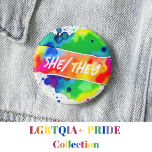 She/They Pronouns Pride Watercolor Rainbow 6 Cm Round Badge