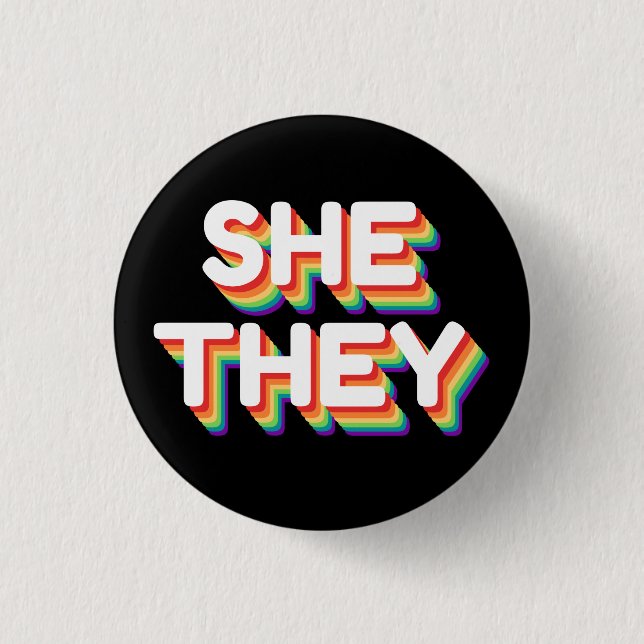 She/They Pronouns Rainbow 3D Retro 3 Cm Round Badge (Front)
