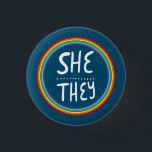 SHE/THEY Pronouns Rainbow Handlettered Minimal 3 Cm Round Badge<br><div class="desc">Decorate your outfit with this cool art button. Makes a great  gift! You can customise it,  change the background colours and add text too. Check my shop for lots more colours and patterns! Let me know if you'd like something custom too.</div>