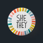SHE / THEY Pronouns Rainbow Handlettered Pride   3 Cm Round Badge<br><div class="desc">Decorate your outfit with this cool art button. Makes a great  gift! You can customise it,  change the background colours and add text too. Check my shop for lots more colours and patterns! Let me know if you'd like something custom too.</div>