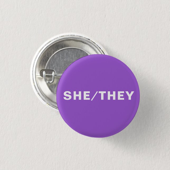 She, They purple gender pronouns Lgbtq Pride pin (Front & Back)