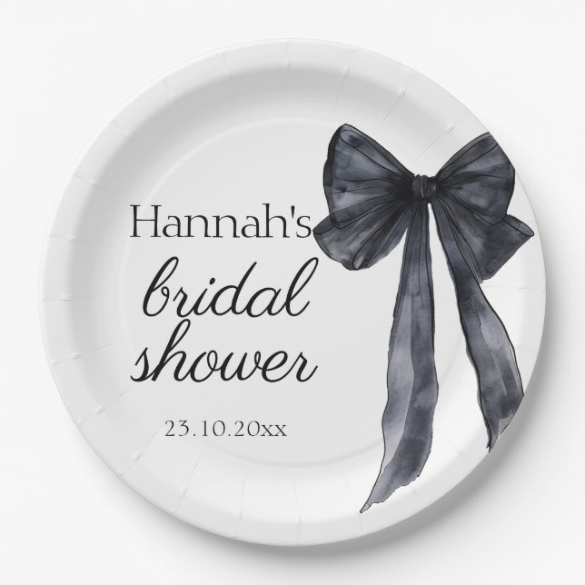 She tied the knot black bow Elegant bridal Shower Paper Plate (Front)