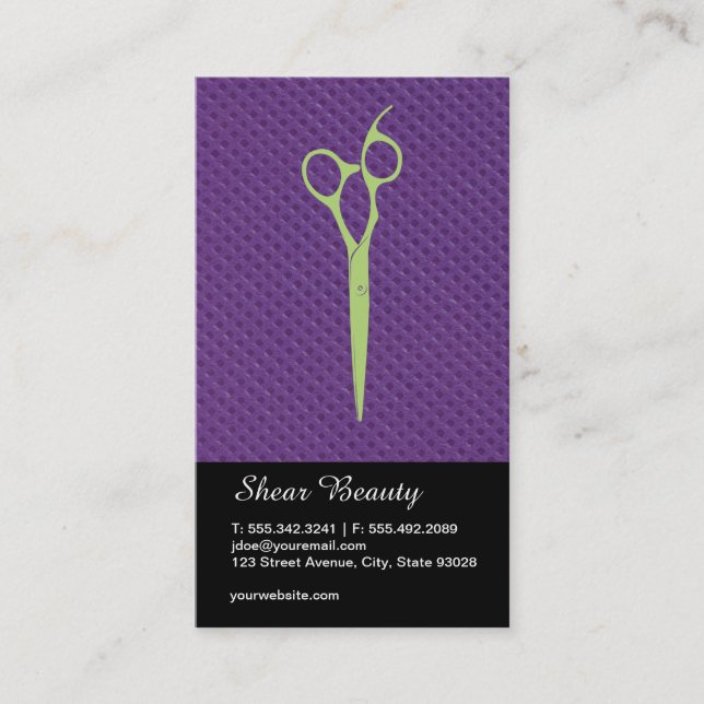 Shears (green) Purple Diamond Pattern Business Card (Front)