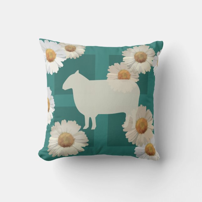 Sheep and Floral Daisies Dark Green Throw Pillow (Front)