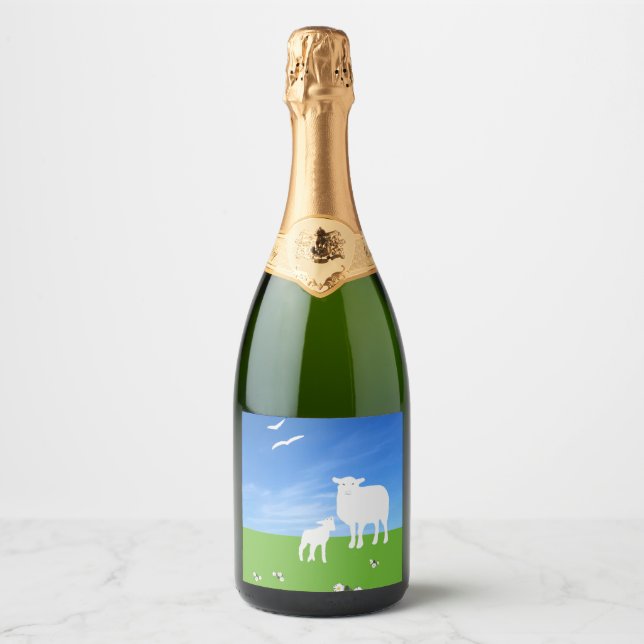 Sheep and Lamb  Easter Sparkling Wine Label (Front)