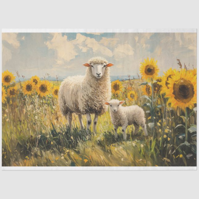 Sheep and Lamb Sunflower Field Decoupage Tissue Paper (Front)