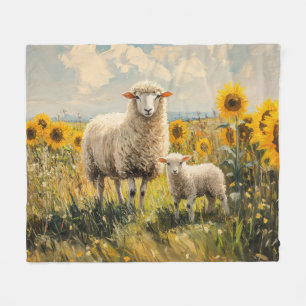 Sheep and Lamb Sunflower Field Fleece Blanket