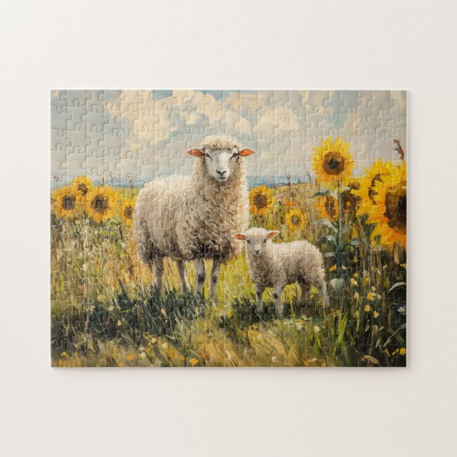 Sheep and Lamb Sunflower Field Jigsaw Puzzle (Horizontal)