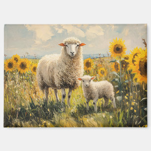 Sheep and Lamb Sunflower Field Magnet