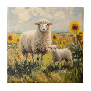 Sheep and Lamb Sunflower Field Tile