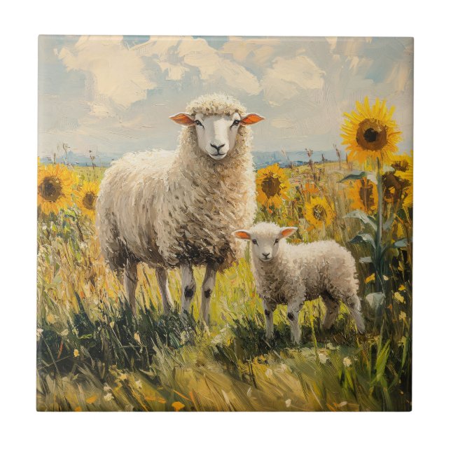 Sheep and Lamb Sunflower Field Tile (Front)