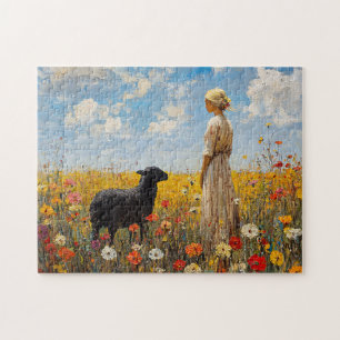 Sheep and Shepherdess with Wildflowers Jigsaw Puzzle