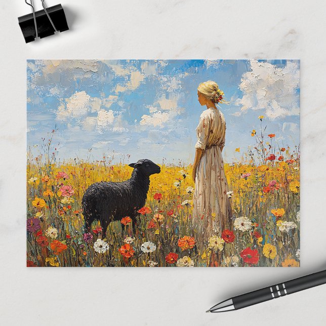Sheep and Shepherdess with Wildflowers Postcard (Creator Uploaded)