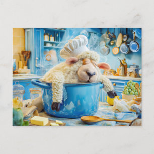 Sheep as cook in pot in kitchen holiday postcard