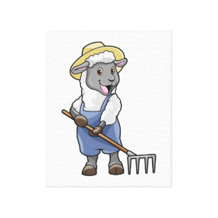 Sheep as Farmer with Rake & Hat Canvas Print