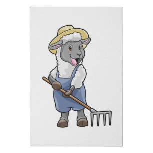 Sheep as Farmer with Rake & Hat Faux Canvas Print