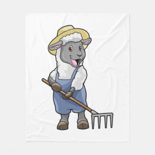 Sheep as Farmer with Rake & Hat Fleece Blanket