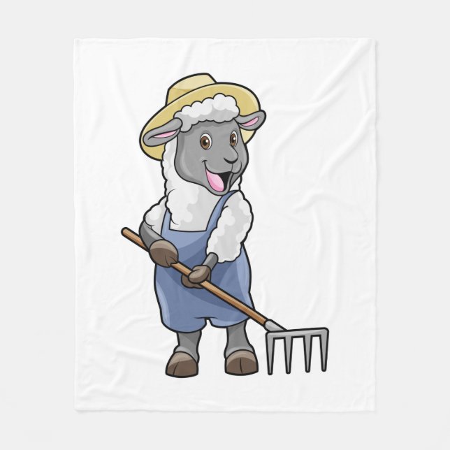 Sheep as Farmer with Rake & Hat Fleece Blanket (Front)