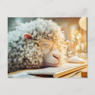 Sheep asleep at the computer with glasses holiday postcard