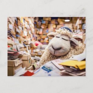 Sheep asleep in post office illustration holiday postcard
