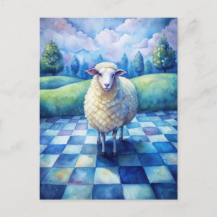 Sheep Blue Checkered Checking on Friend Postcard