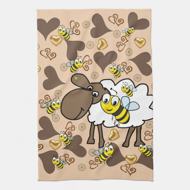 Sheep Brown Hearts Bee Kitchen Hand Towel (Vertical)