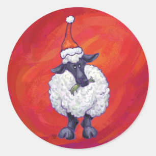Sheep Christmas On Red Classic Round Sticker