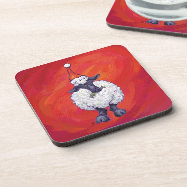 Sheep Christmas On Red Coaster (Left Side)