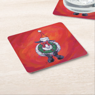 Sheep Christmas On Red Square Paper Coaster