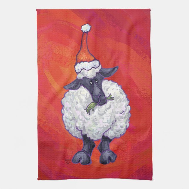 Sheep Christmas On Red Tea Towel (Vertical)