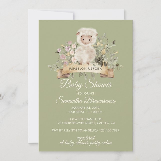 Sheep Cute Botanical Sage Baby Shower Invitation (Front)