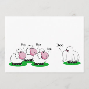Sheep dressed up as a Halloween ghost going "Boo", Card
