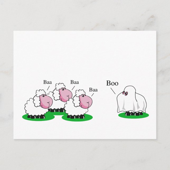 Sheep dressed up as a Halloween ghost going "Boo", Postcard (Front)
