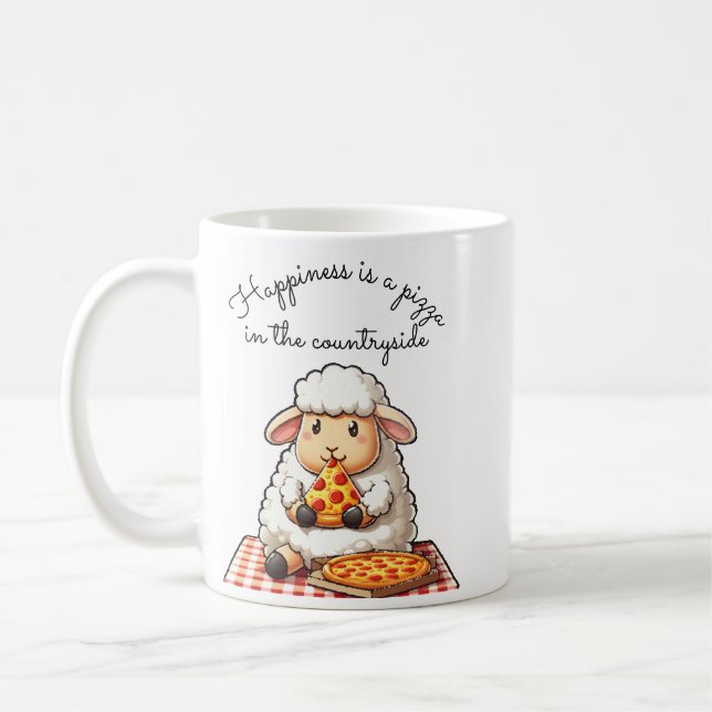 Sheep eating pizza coffee mug (Left)
