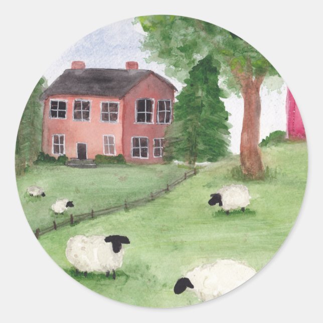 Sheep Farm Landscape Classic Round Sticker (Front)