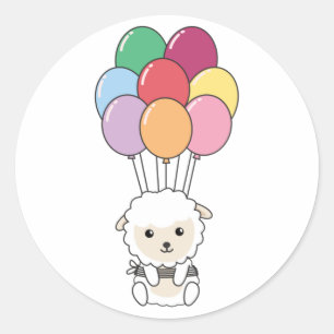 Sheep Flies Up With Colourful Balloons Classic Rou Round Sticker