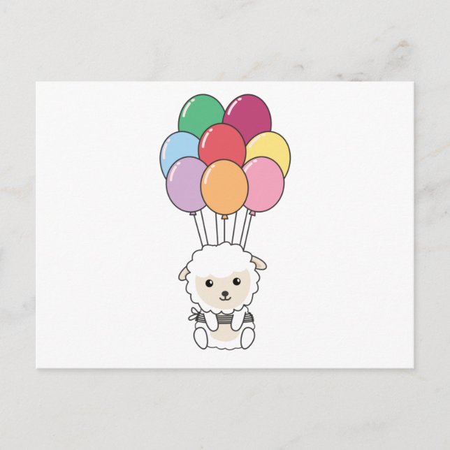 Sheep Flies Up With Colourful Balloons Postcard (Front)