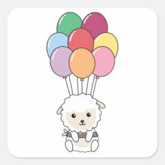 Sheep Flies Up With Colourful Balloons Square Stic Sticker