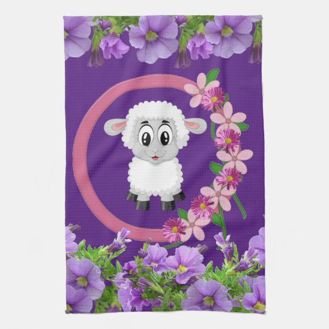 Sheep Floral Purple Kitchen Hand Towel (Vertical)