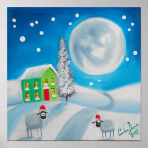 sheep folk painting full moon winter poster