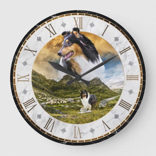 Sheep Herding Tricolor Rough Collie in Highlands - Large Clock (Front)