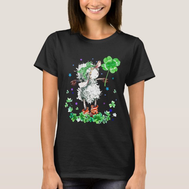Sheep Holding Shamrock Stars Cute St Patrick's Day T-Shirt (Front)