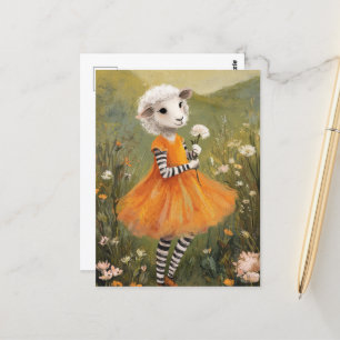 Sheep in an Orange Dress in the Wildflowers Postcard
